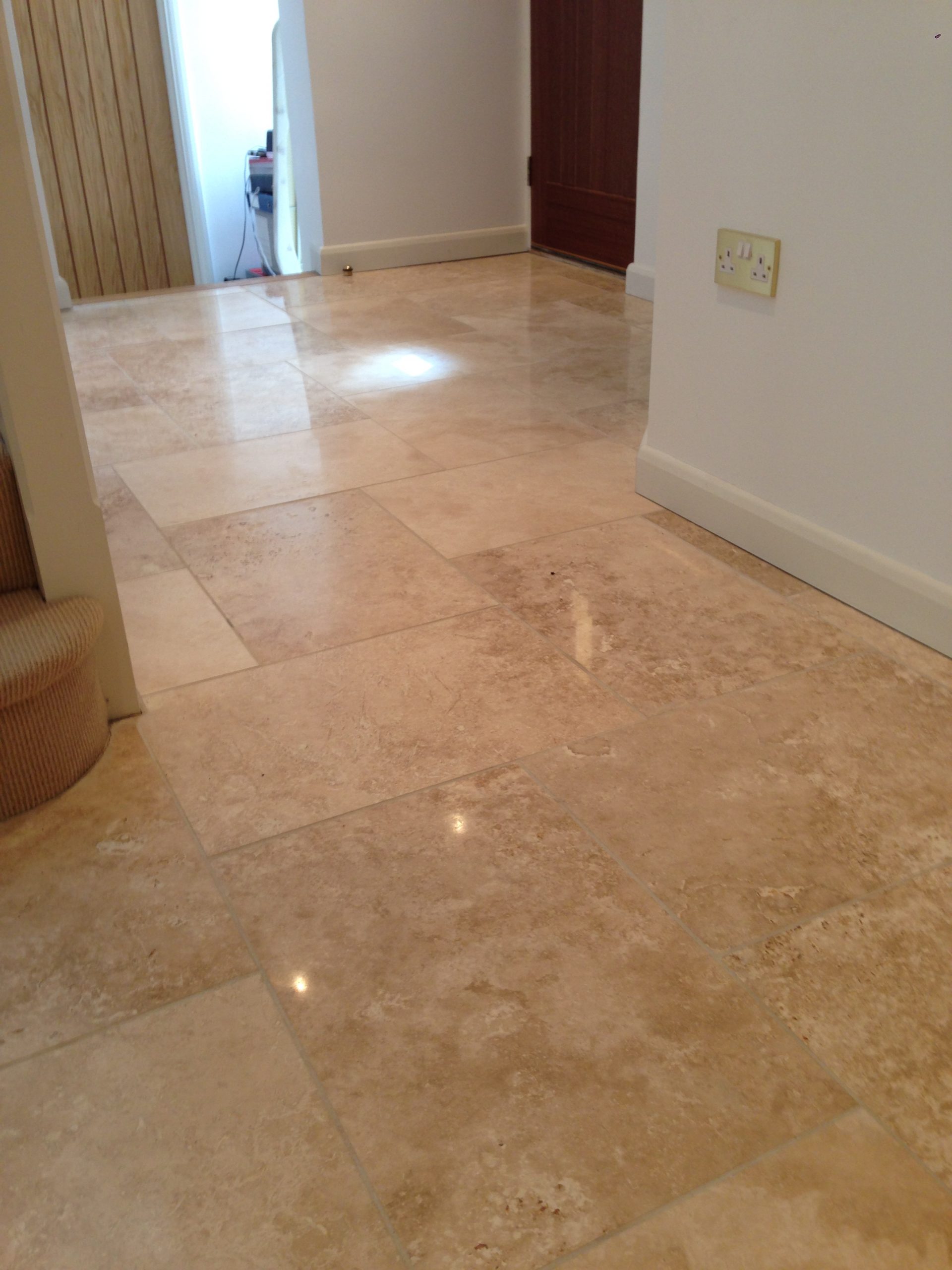 Travertine kitchen floor tiles after cleaning polishing2