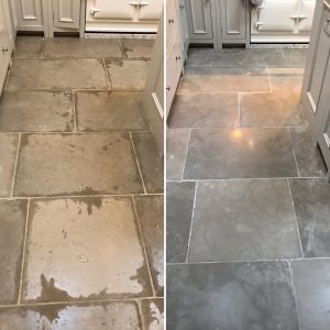 Stain removal from Limestone floor - before and after picture